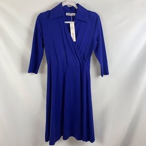 Aphratti Dress Blue Small NWT collar v-neck faux wrap classic